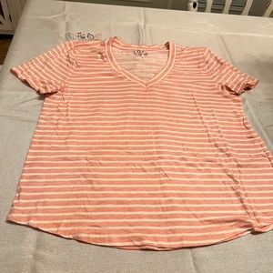 LOFT V-Neck Peach and White Striped Tee - Size L